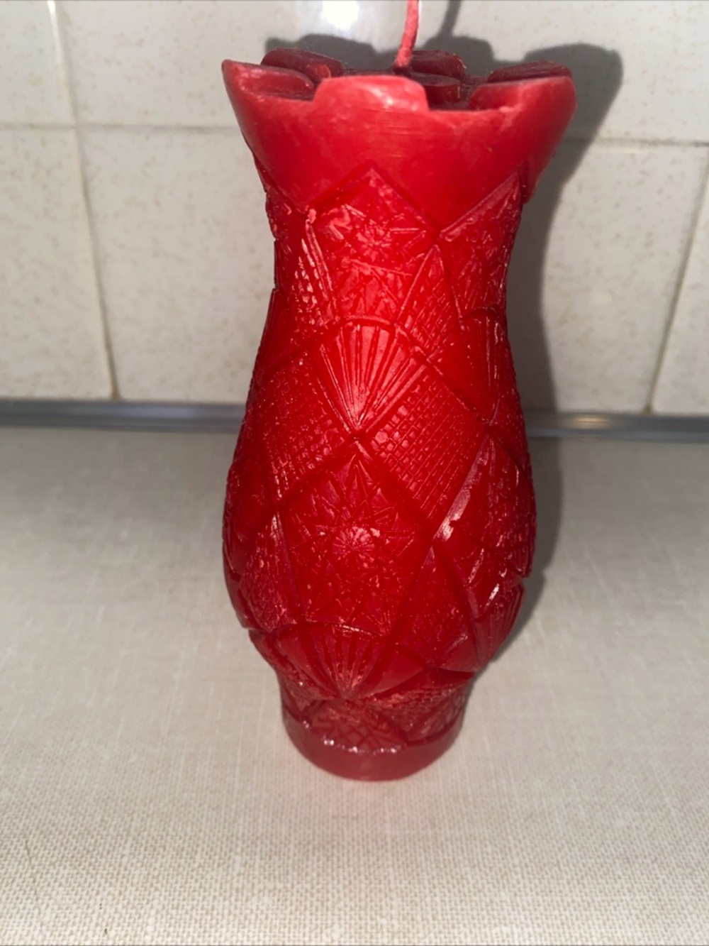 Vintage UNLIT Wax Candle Vase Shaped Red Textured Patterned